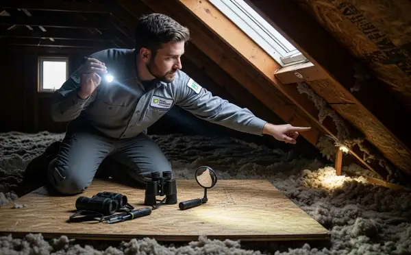 technician pointing to squirrel entry point before sealing it