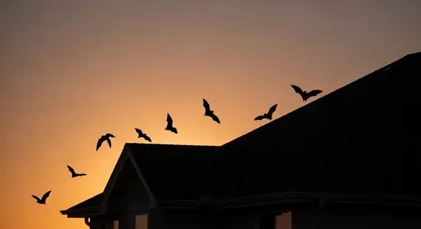 bats flying over rooftop