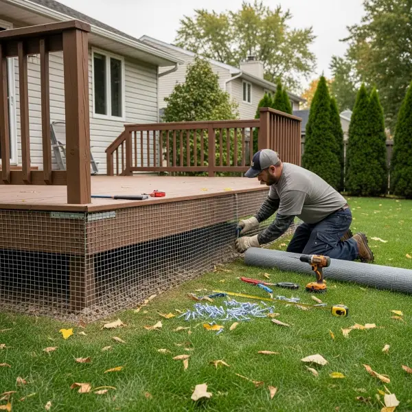 tech installing screen around deck to prevent skunk entry
