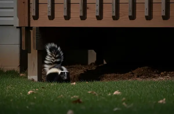 skunk under a deck at dusk