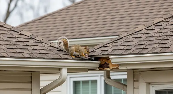 squirrely on roof and has torn a hole in the roofline